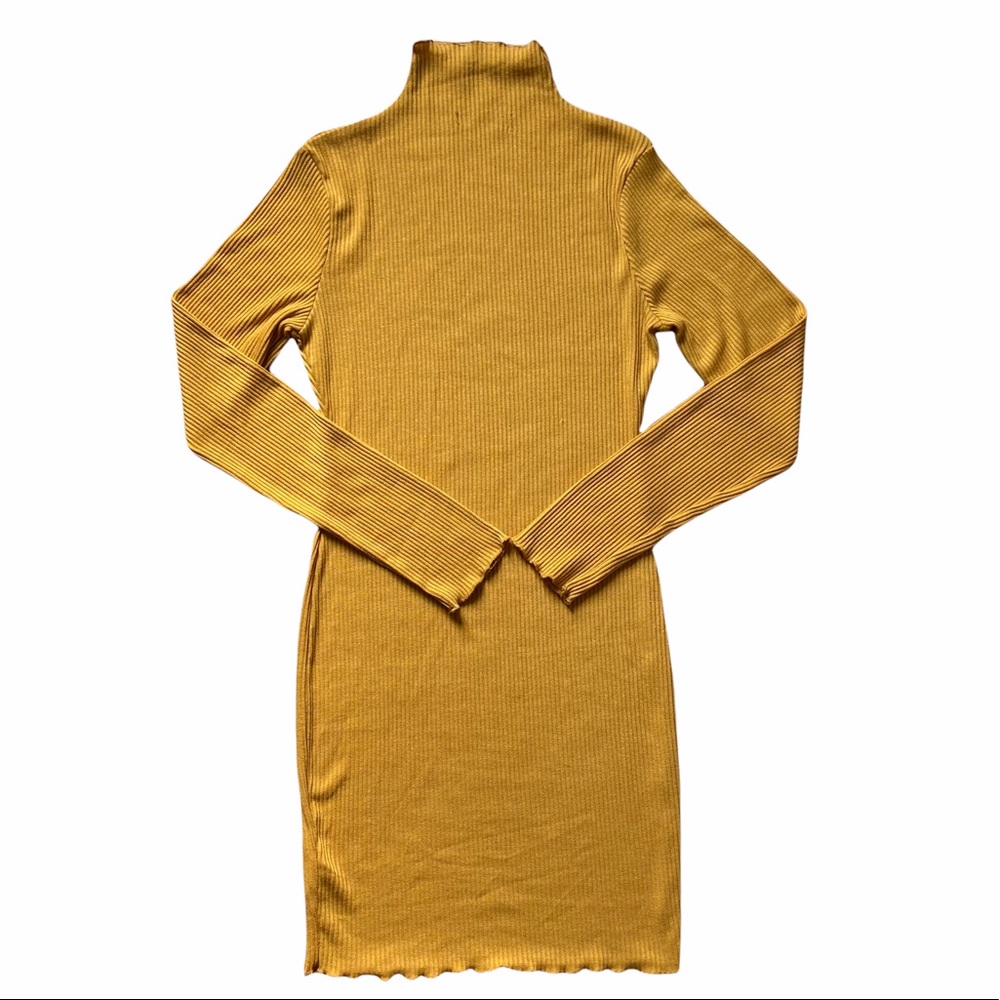 Mock Neck Ribbed Knit Long Sleeves Yellow Dress